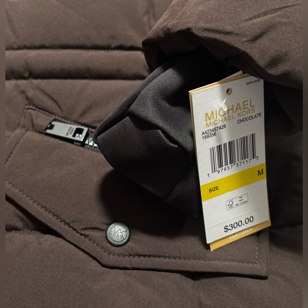Michael Kors Chocolate Winter Puffer Coat MK Jacket Fur Hood Size S M L XL NWT - Picture 10 of 12